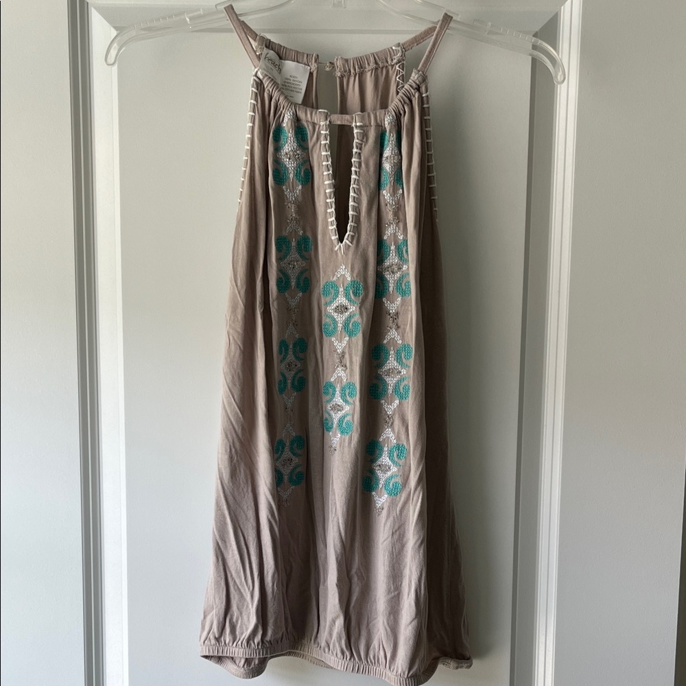 INC International Concepts Tan Blouse with Teal Embroidery